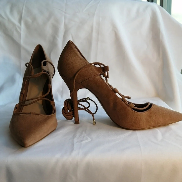 Aldo Tan Suede Kenneson Lace Up Stiletto Heel Pointed Toe Pumps 7.5 - Picture 4 of 16